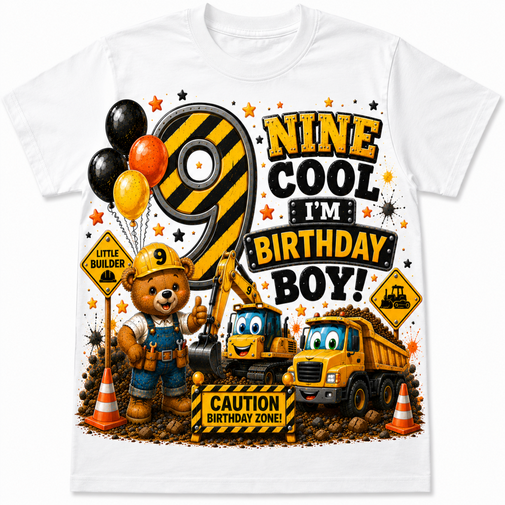 A white short-sleeve t-shirt with a colorful construction-themed 9th birthday graphic. The design features a teddy bear in a hard hat, a yellow excavator, a dump truck, balloons, and text that reads 'NINE COOL I'M BIRTHDAY BOY!' on a clean white background.