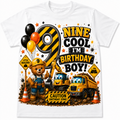 A white short-sleeve t-shirt with a colorful construction-themed 9th birthday graphic. The design features a teddy bear in a hard hat, a yellow excavator, a dump truck, balloons, and text that reads 'NINE COOL I'M BIRTHDAY BOY!' on a clean white background.