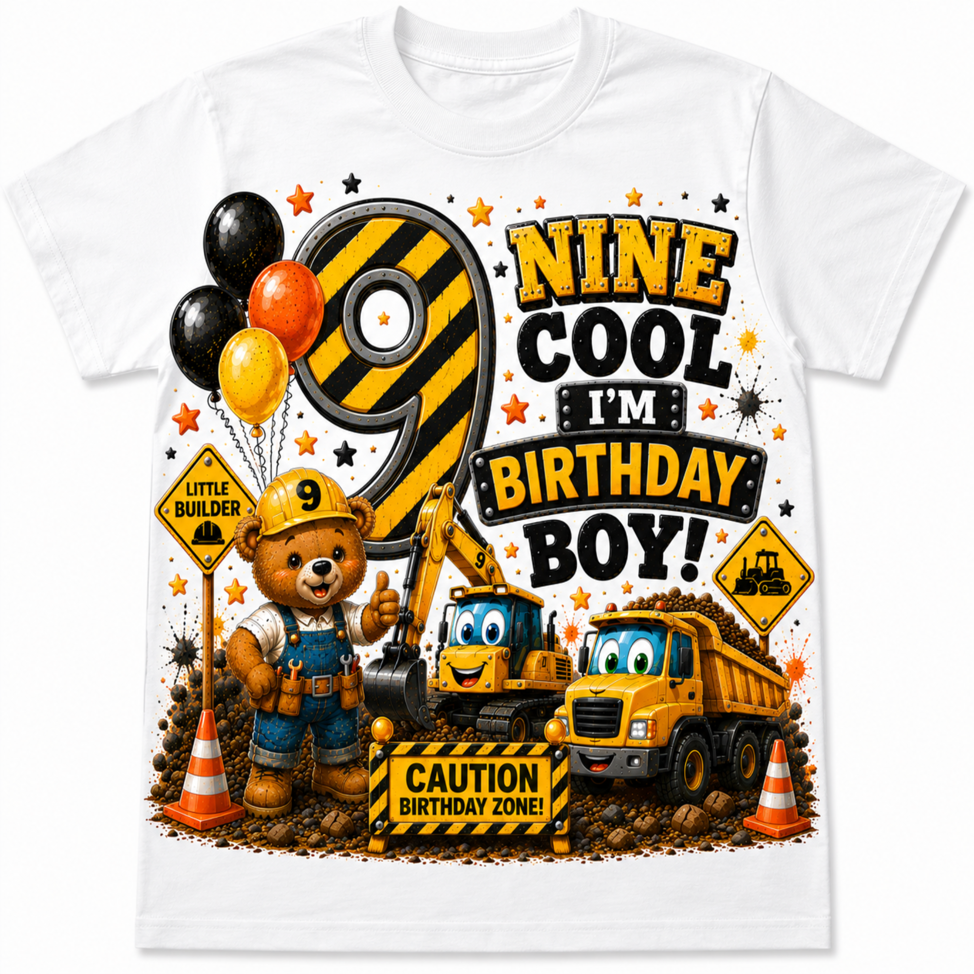 A white short-sleeve t-shirt with a colorful construction-themed 9th birthday graphic. The design features a teddy bear in a hard hat, a yellow excavator, a dump truck, balloons, and text that reads 'NINE COOL I'M BIRTHDAY BOY!' on a clean white background.