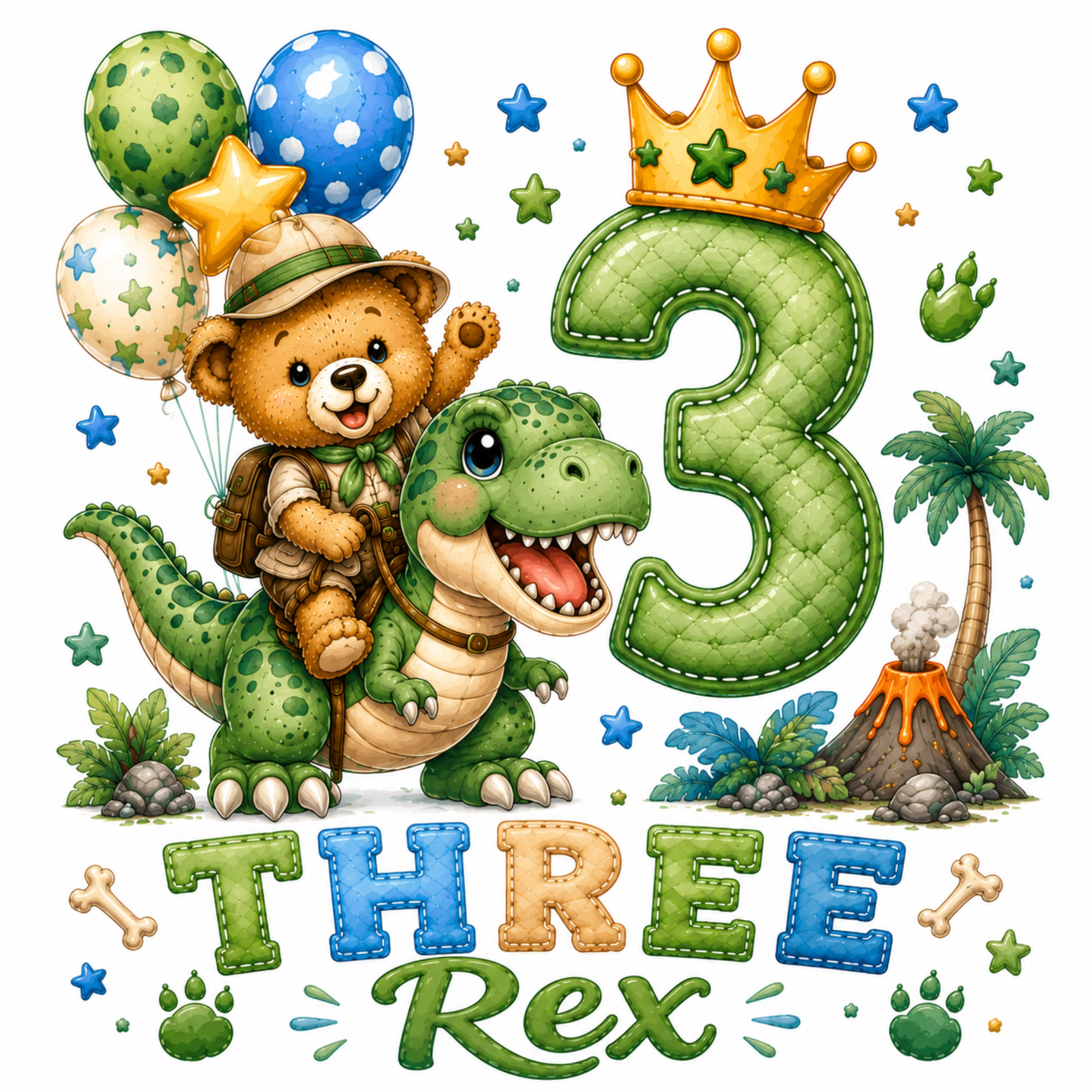 A colorful cartoon birthday graphic for a child's third birthday featuring a teddy bear dressed as an explorer riding a green dinosaur, with a large stitched number 3, crown, stars, palm tree, volcano, bones, paw prints, and the text 'THREE Rex' on a white background.