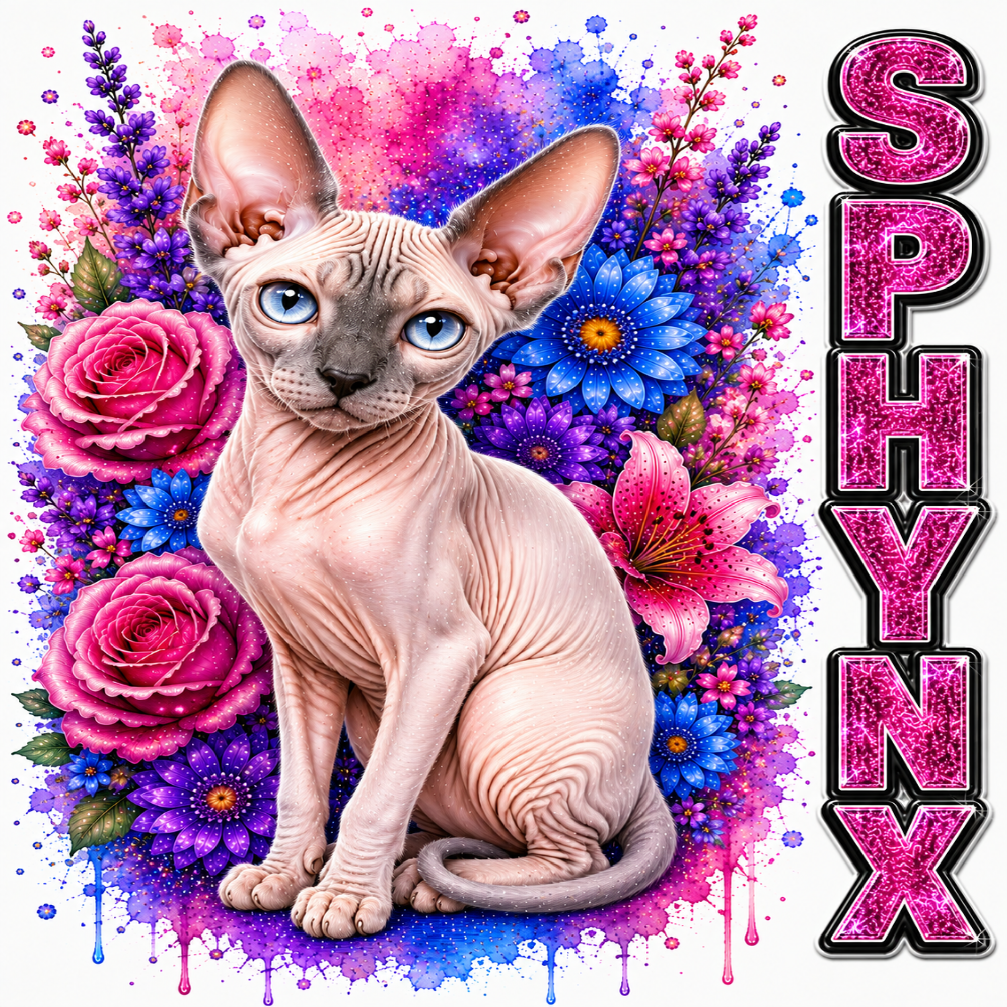A stylized illustration of a hairless Sphynx cat centered against a vivid floral and paint-splatter background, with the word 'SPHYNX' printed vertically in glittery pink letters along the right side.