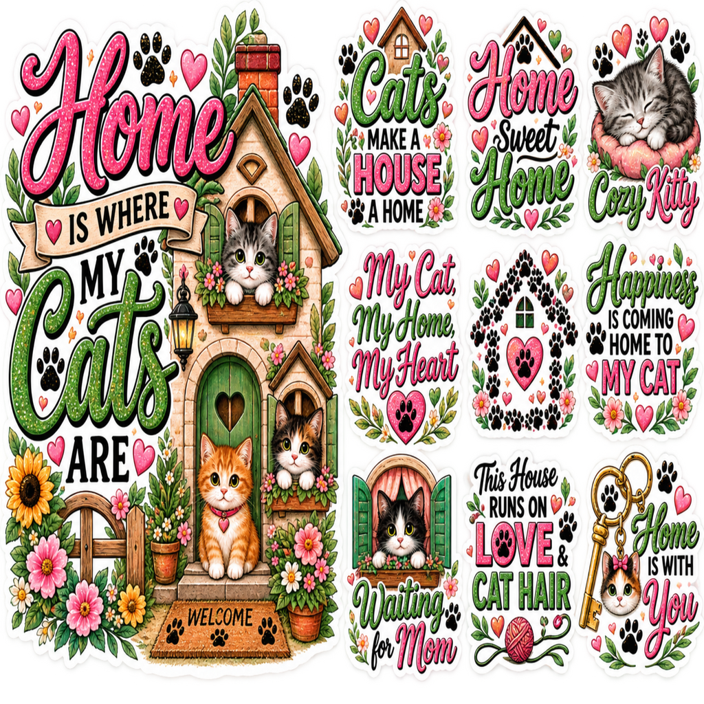 A collage of multiple colorful cat-themed decorative signs and graphics, including phrases like “Home is where my cats are,” “My cat, my home, my heart,” and “This house runs on love cat hair,” each illustrated with flowers, hearts, paw prints, and small cat portraits.