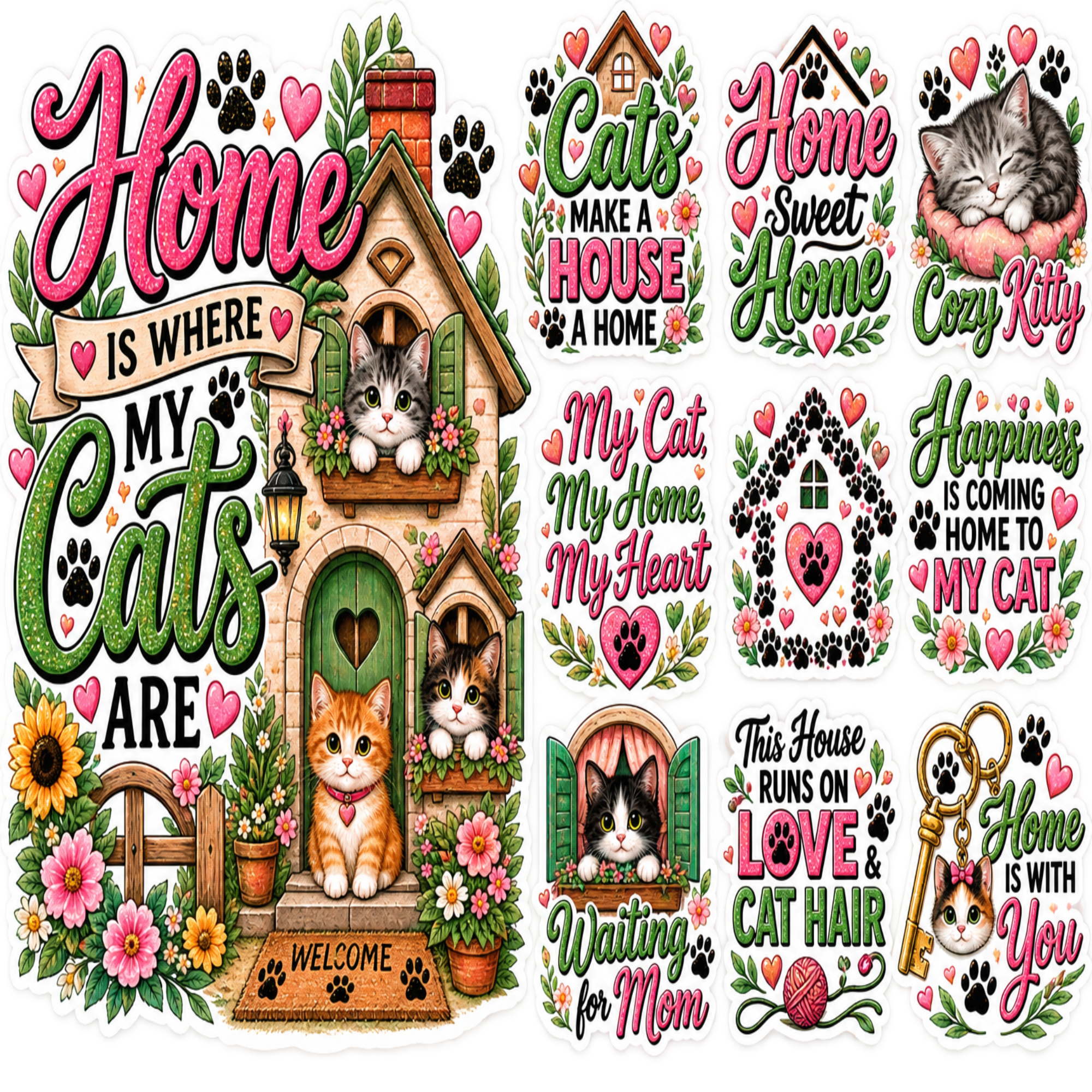 A collage of multiple colorful cat-themed decorative signs and graphics, including phrases like “Home is where my cats are,” “My cat, my home, my heart,” and “This house runs on love cat hair,” each illustrated with flowers, hearts, paw prints, and small cat portraits.
