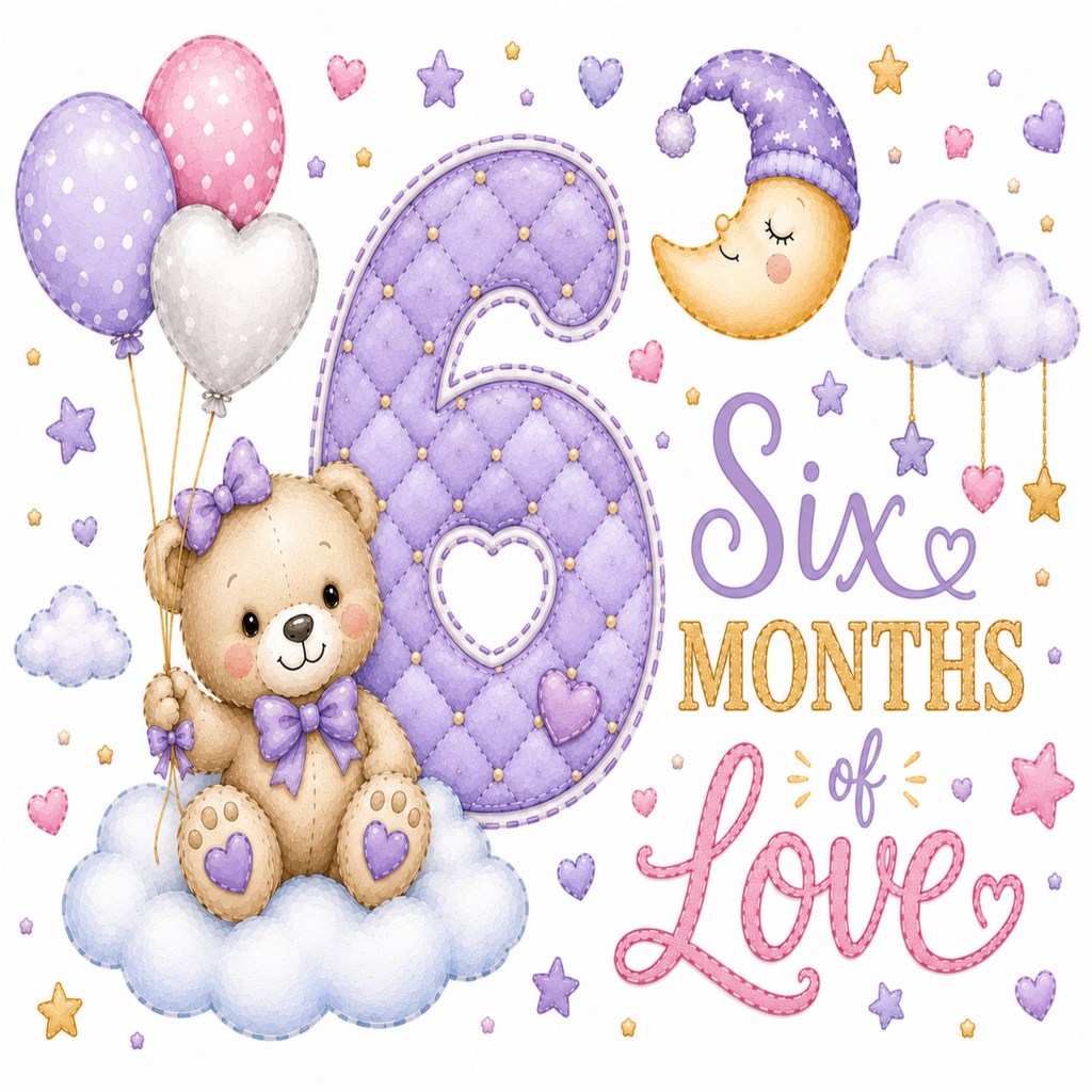 A whimsical baby shower style illustration celebrating six months, featuring a large quilted lavender number 6, a teddy bear with a purple bow holding balloons, a crescent moon, clouds, stars, and the words 'Six Months of Love' on a white background.