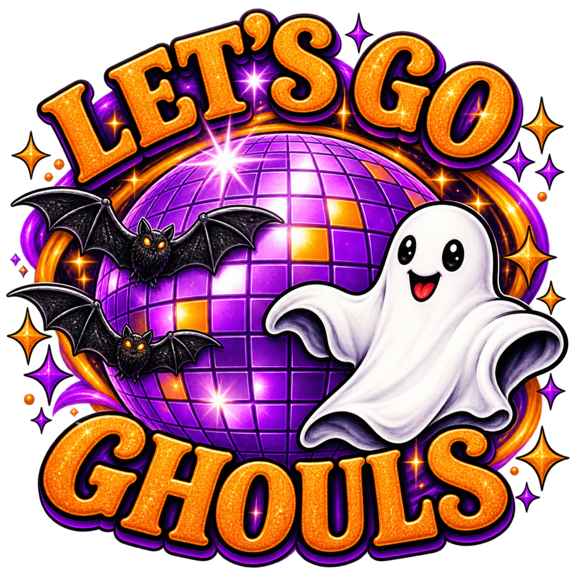 A festive Halloween graphic with the words “LET’S GO GHOULS” in glittery orange lettering around a purple disco ball, black bats, and a white cartoon ghost on a dark background.