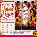 Promotional graphic for a 20 oz Bluetooth speaker tumbler featuring a Latina Queen collection design. The design includes a crown, pink and gold script text, butterflies, sunflowers, and a portrait of a woman with a crown on the tumbler wrap.