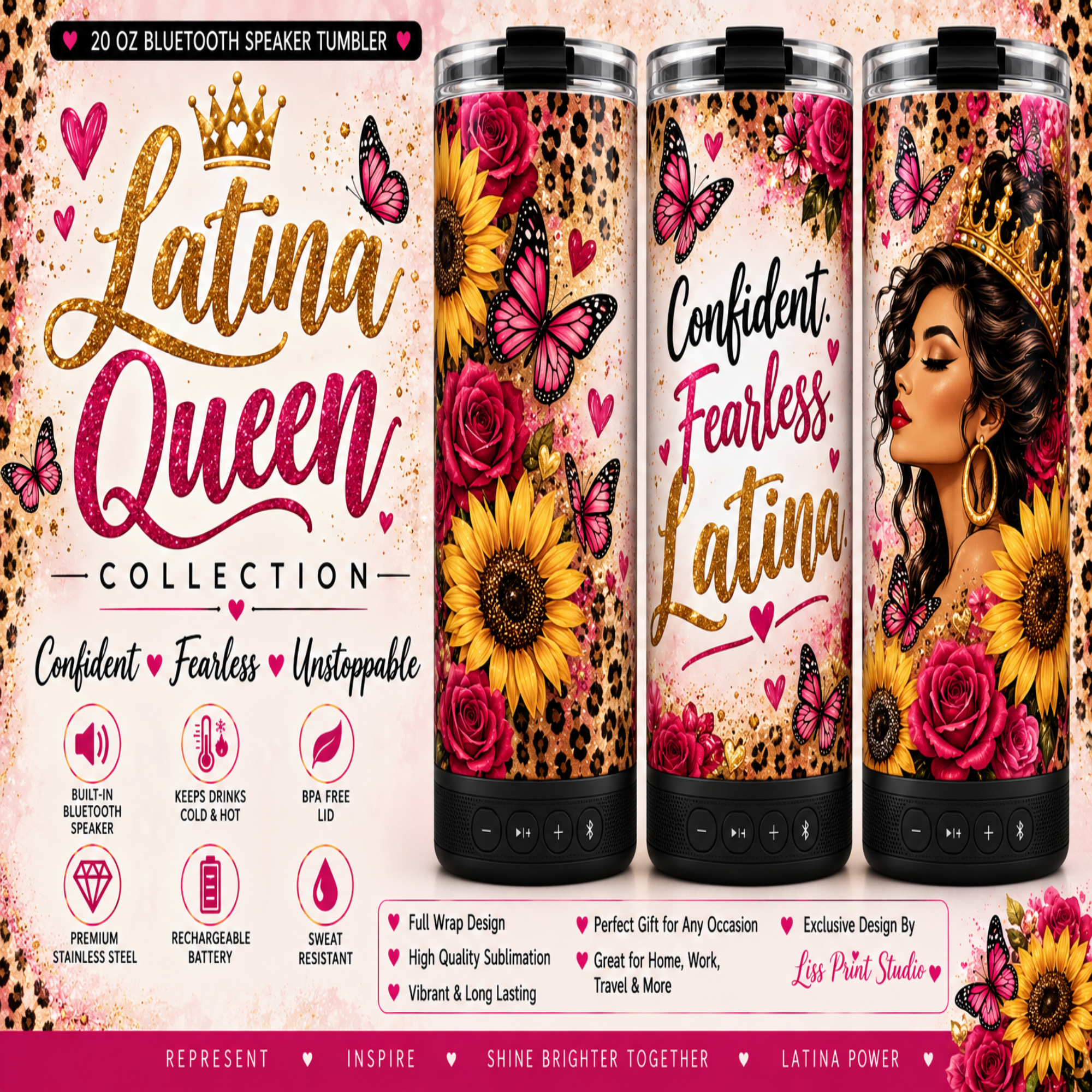Promotional graphic for a 20 oz Bluetooth speaker tumbler featuring a Latina Queen collection design. The design includes a crown, pink and gold script text, butterflies, sunflowers, and a portrait of a woman with a crown on the tumbler wrap.
