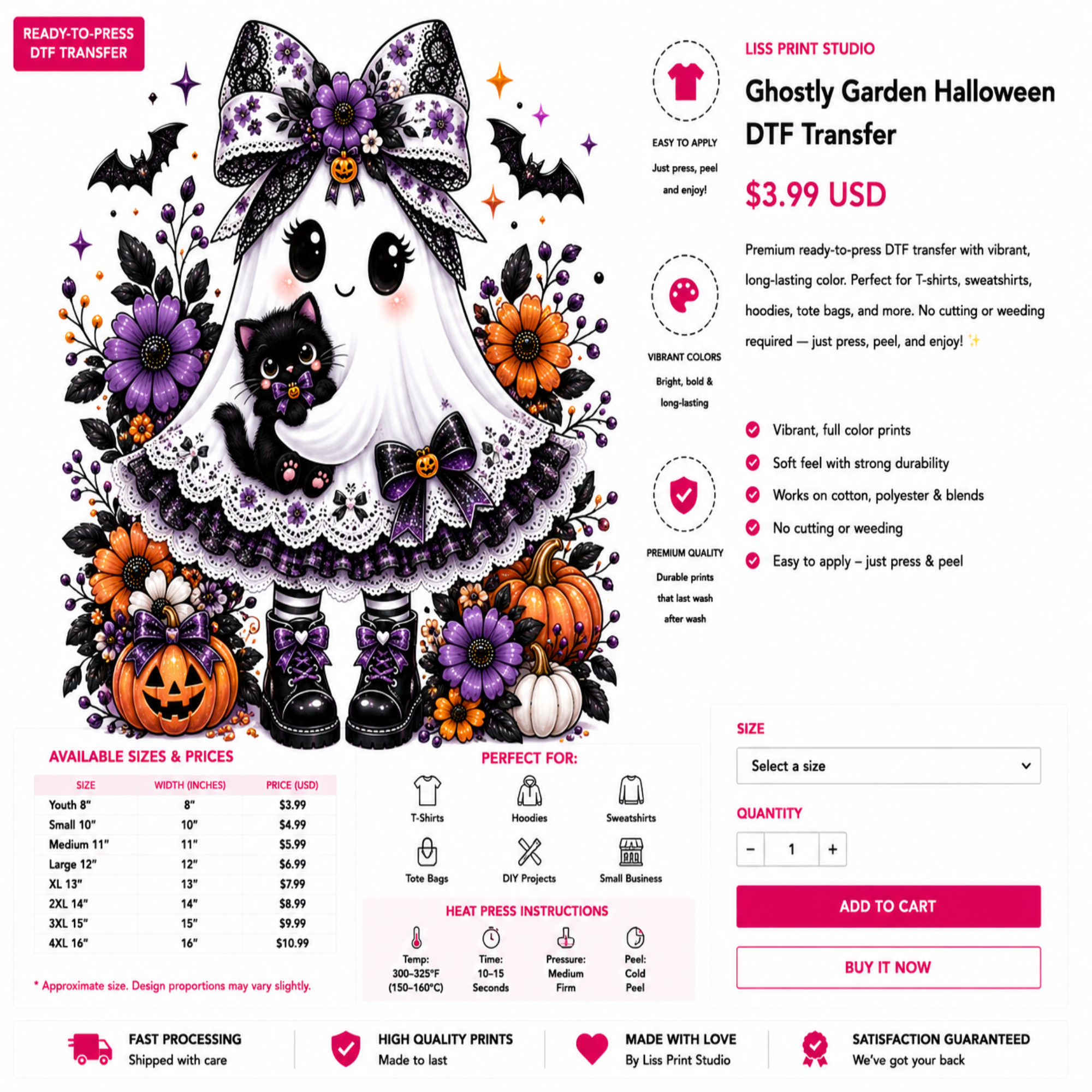 A promotional graphic for a Ghostly Garden Halloween DTF transfer by Print Studio, showing a cute cartoon ghost in a purple and white lace dress with black bat wings, surrounded by pumpkins, flowers, and decorative elements. The layout includes pricing, available sizes, perfect for categories, feature icons, and a quantity/buy button field on a white background.
