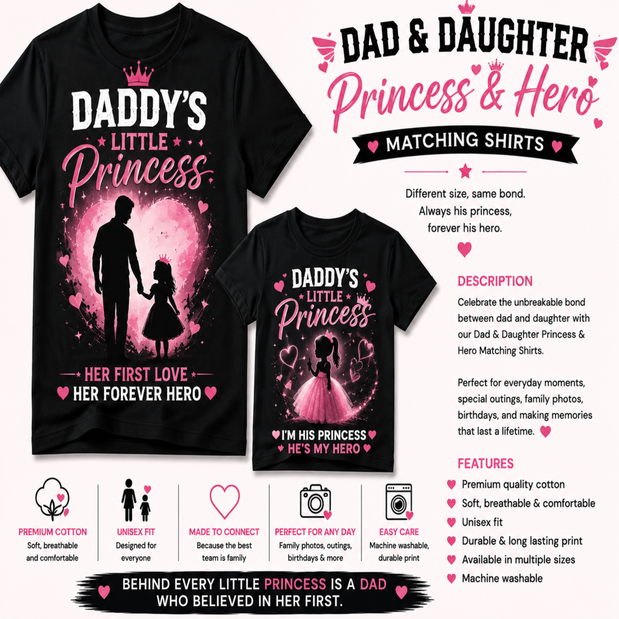 A promotional graphic for matching dad and daughter t-shirts. It shows two black short-sleeve t-shirts with pink and white printed designs: one large front view and one smaller back view.
