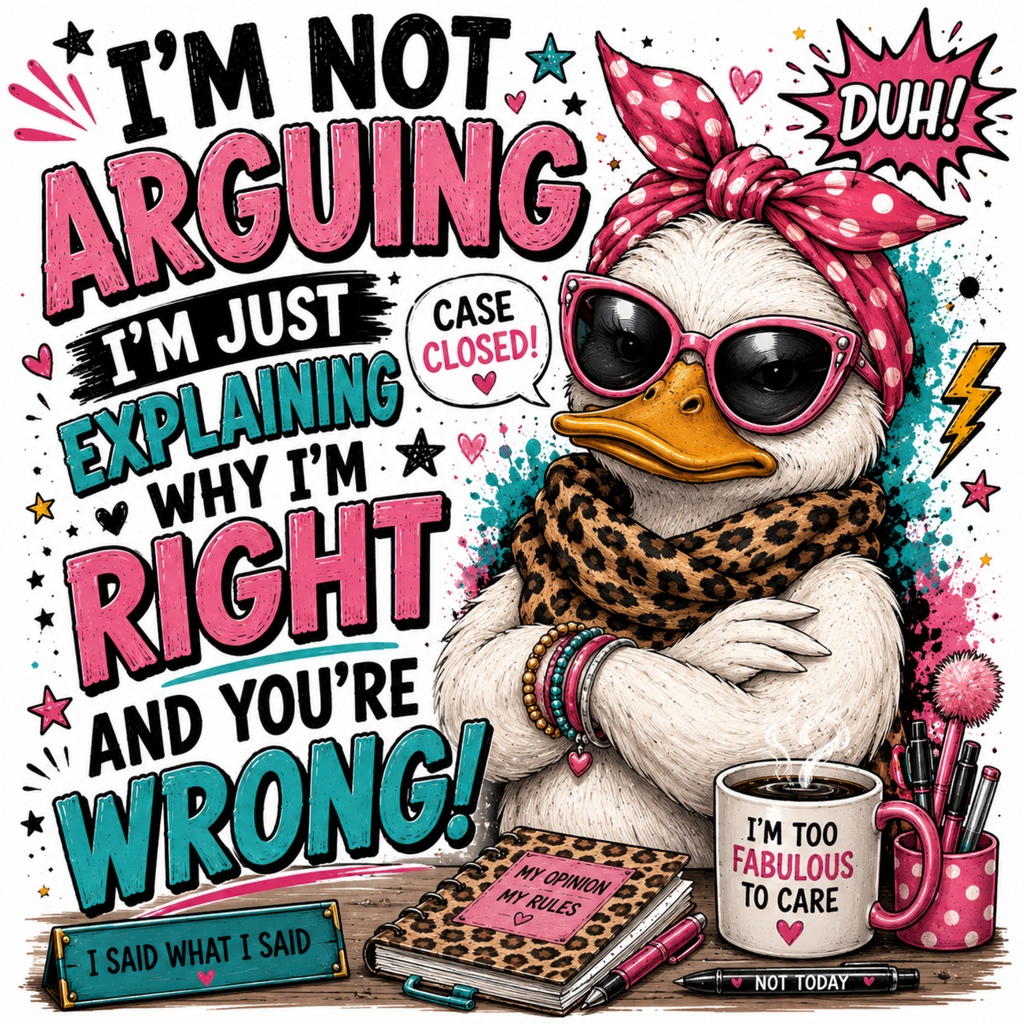 A colorful graphic illustration of a white duck wearing pink sunglasses, a leopard-print scarf, and a pink polka-dot headband, with bold text and doodles around it including a mug, notebook, and pens.