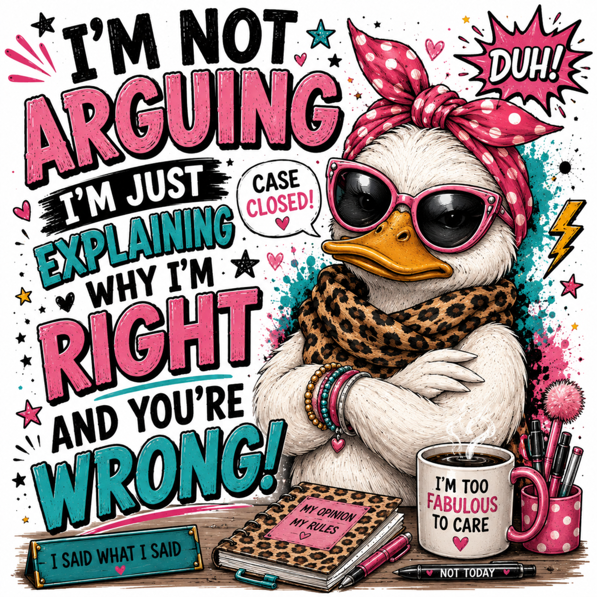 A colorful graphic illustration of a white duck wearing pink sunglasses, a leopard-print scarf, and a pink polka-dot headband, with bold text and doodles around it including a mug, notebook, and pens.