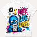 A white short-sleeve crewneck t-shirt featuring a colorful graphic print. The design shows a blue spiky cartoon monster holding a coffee mug that says 'NEED COFFEE' under the text 'I HATE LOS LUNES' in bold yellow, pink, and blue lettering, surrounded by paint splatters and doodles.