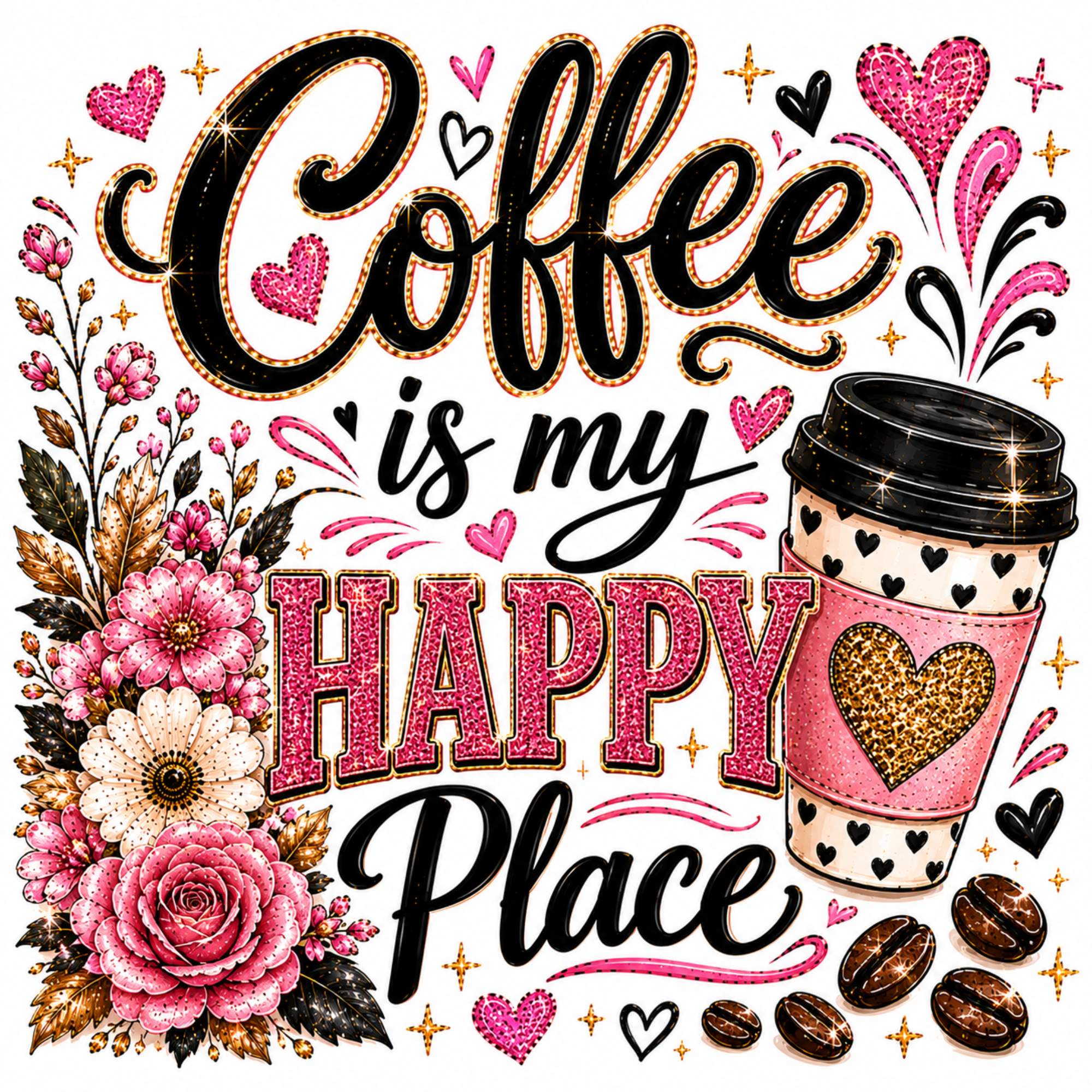 A decorative coffee-themed graphic with the phrase 'Coffee is my HAPPY place' in black and glittery pink lettering, surrounded by pink flowers, coffee beans, hearts, and a pink-and-white coffee cup with a glittery heart on the sleeve.