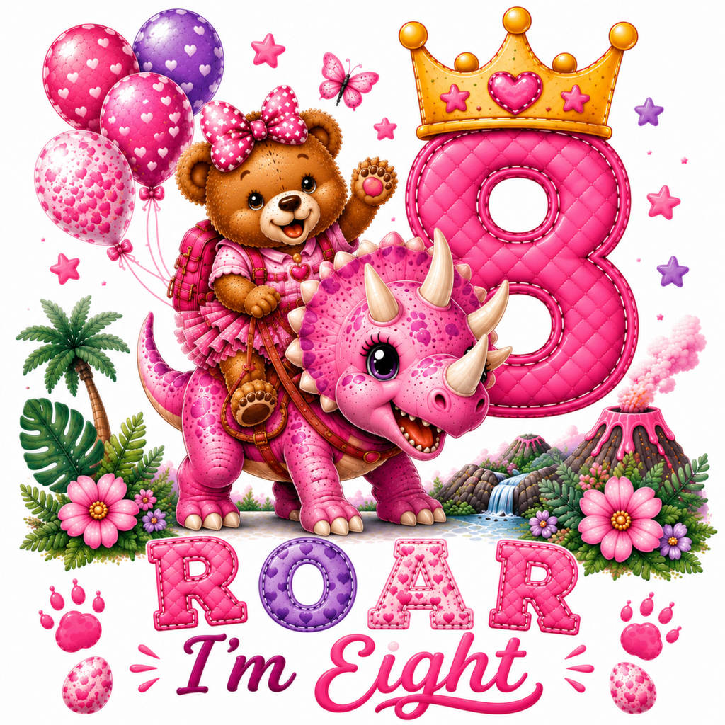 A colorful children's birthday graphic celebrating a child's eighth birthday, featuring a cute pink triceratops dinosaur, a smiling teddy bear in a pink dress and bow, a large pink quilted number 8 with a gold crown, balloons, flowers, palm trees, and the text 'ROAR I'm Eight' on a white background.