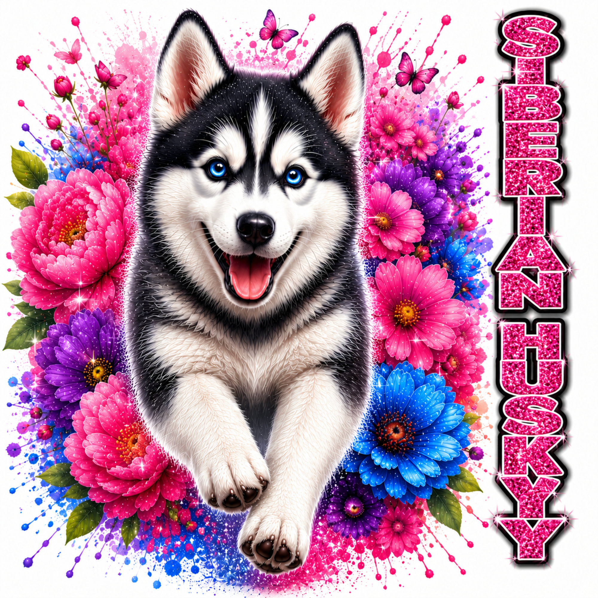 Siberian Husky Floral Glitter Sublimation Design