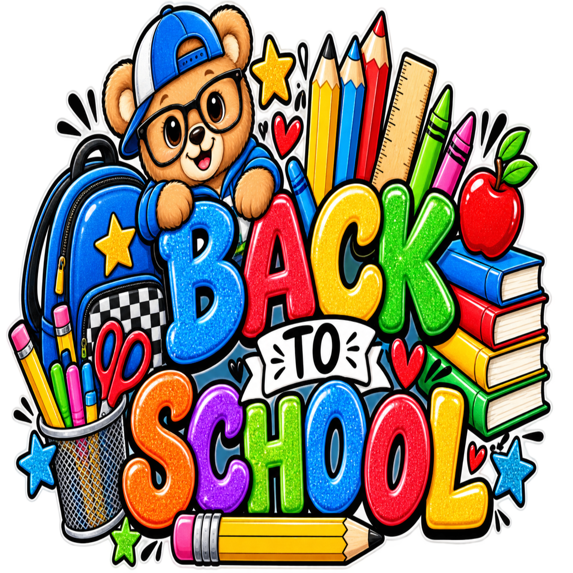 A colorful cartoon 'Back to School' graphic featuring a teddy bear in a blue cap and glasses, surrounded by school supplies including pencils, a ruler, crayons, books, an apple, scissors, and a backpack on a white background.