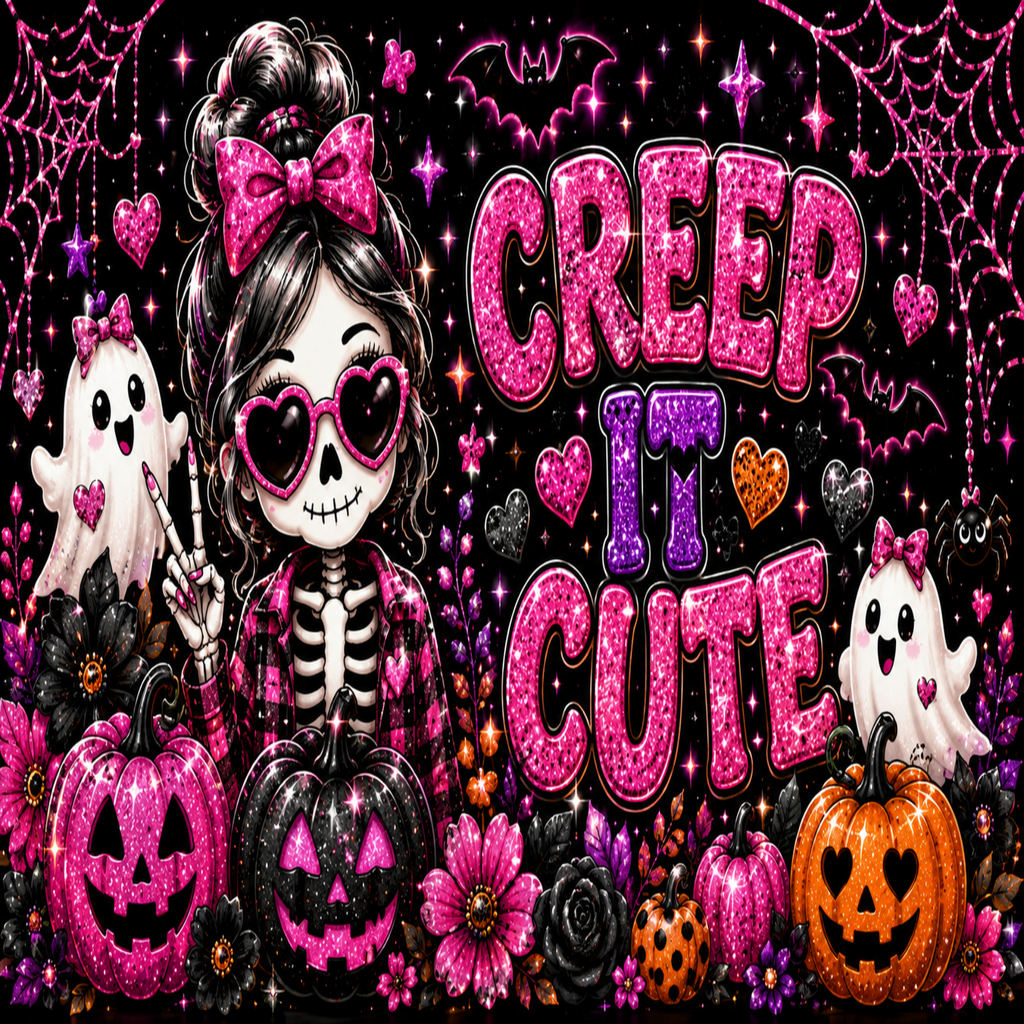 Halloween-themed graphic design featuring a skeleton girl with a pink bow and heart-shaped sunglasses, surrounded by pumpkins, ghosts, flowers, and the text 'CREEP IT CUTE' in glittery pink lettering on a black background.
