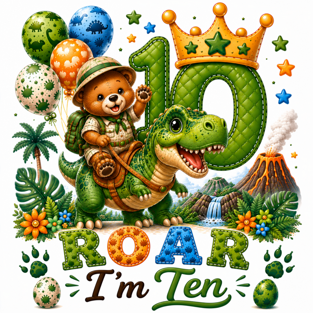 A colorful cartoon birthday illustration for a child turning ten, featuring a small teddy bear wearing a safari hat and backpack riding a green dinosaur, with a large stitched number 10, the word ROAR, and the phrase I'm Ten surrounded by balloons, stars, leaves, flowers, a waterfall, and an erupting volcano on a white background.