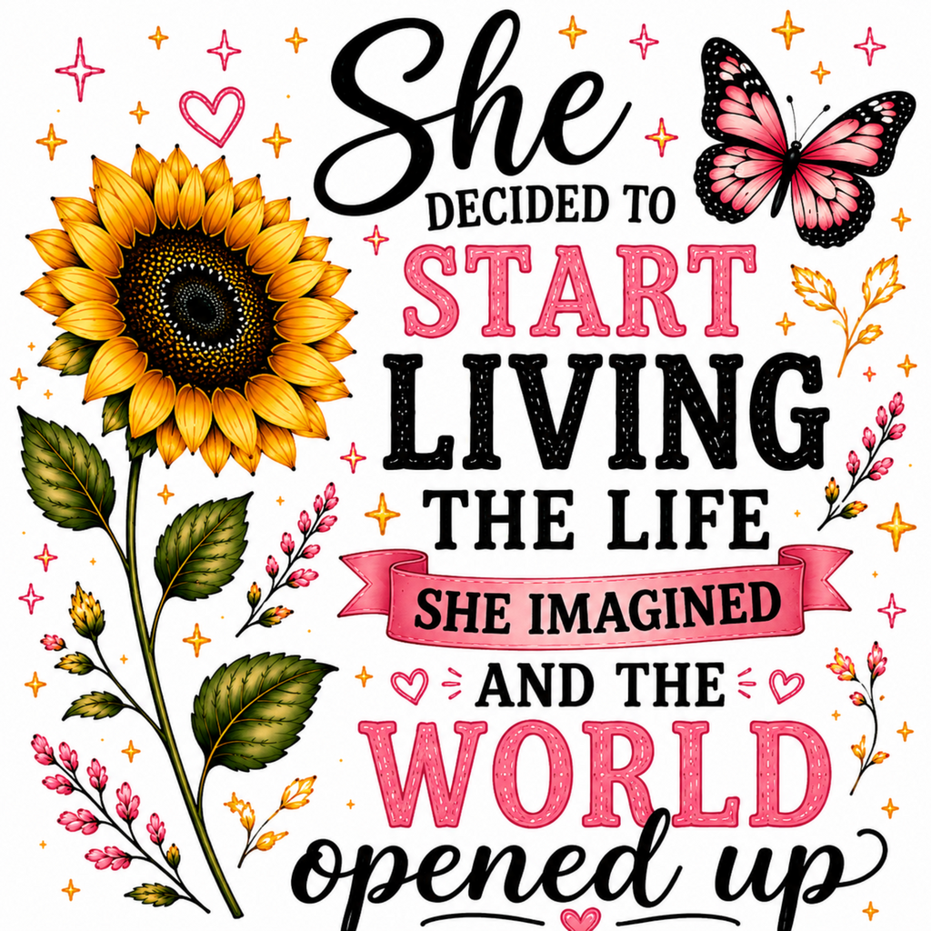 A decorative typographic design with a large sunflower, pink butterfly, hearts, stars, and the quote: 'She decided to start living the life she imagined and the world opened up' on a white background.
