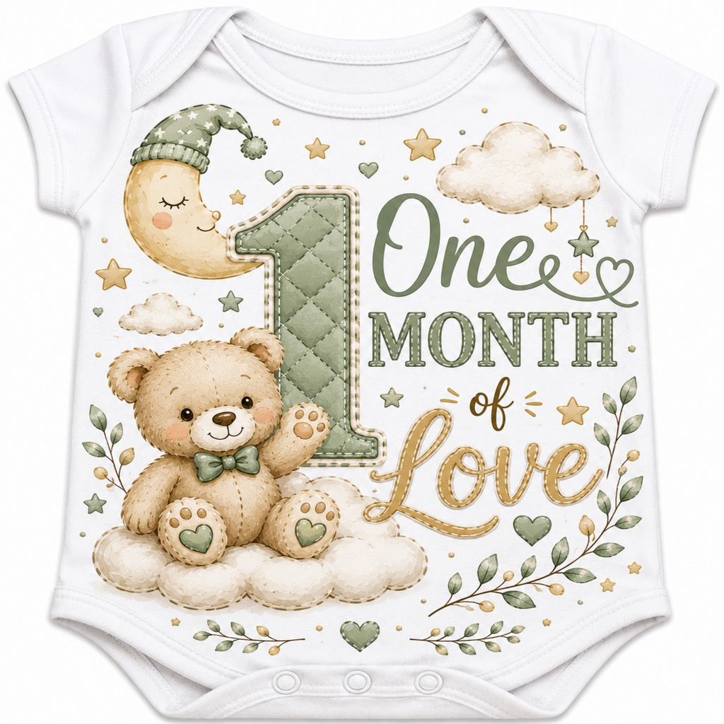 White short-sleeve baby bodysuit with a 'One Month of Love' graphic print featuring a teddy bear, crescent moon, clouds, stars, and green floral accents.
