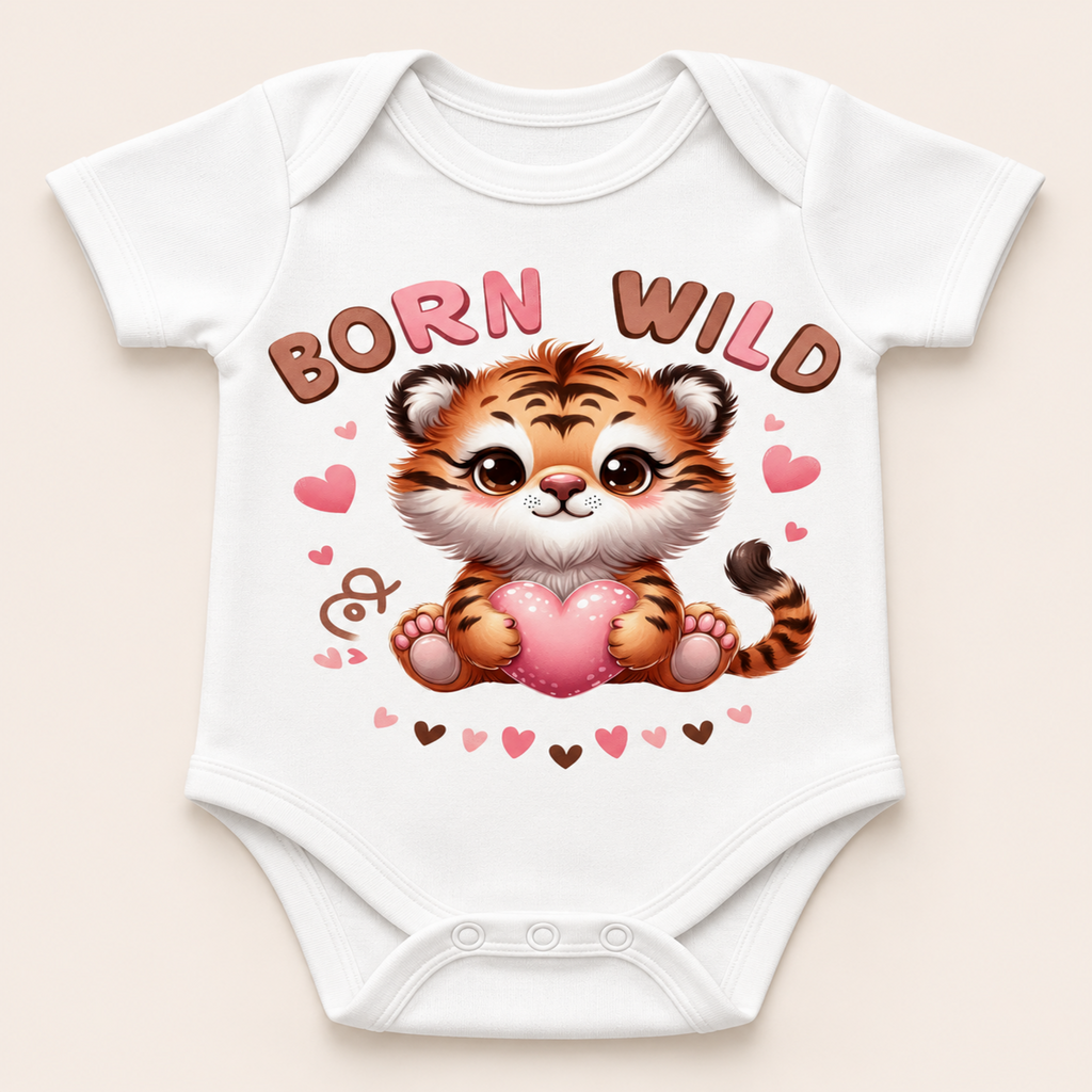 A white short-sleeve baby bodysuit with a cartoon tiger graphic holding a pink heart, surrounded by the words 'BORN WILD' and small pink hearts, shown on a light beige background.