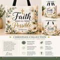 A product collage for a Christian-themed tote bag from Liss Print Studio, showing the front design with the words 'Faith Makes All Things Possible' and 'Matthew 26:20', plus side and alternate angle views of the bag. The design features a cream background with black and gold typography, a gold cross, and delicate botanical illustrations.