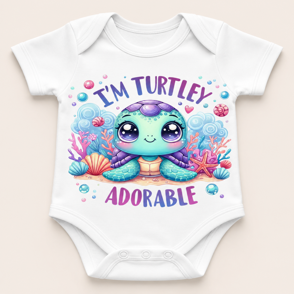 White short-sleeve baby bodysuit with a colorful cartoon turtle graphic and the text 'I'M TURTLEY ADORABLE' on a light beige background.