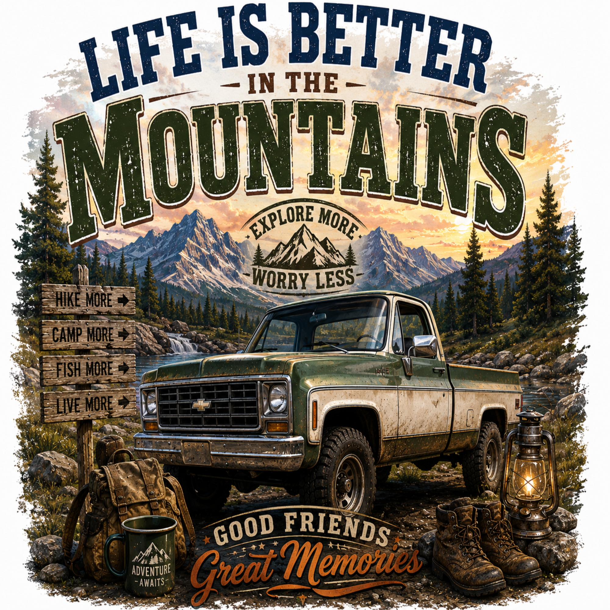 A vintage-style mountain landscape graphic with a green pickup truck parked in front of pine trees and a mountain range. Large text reads “LIFE IS BETTER IN THE MOUNTAINS,” with smaller text including “EXPLORE MORE Worry LESS,” “GOOD FRIENDS Great Memories,” and directional signs reading “HIKE MORE,” “CAMP MORE,” “FISH MORE,” and “LIVE MORE.