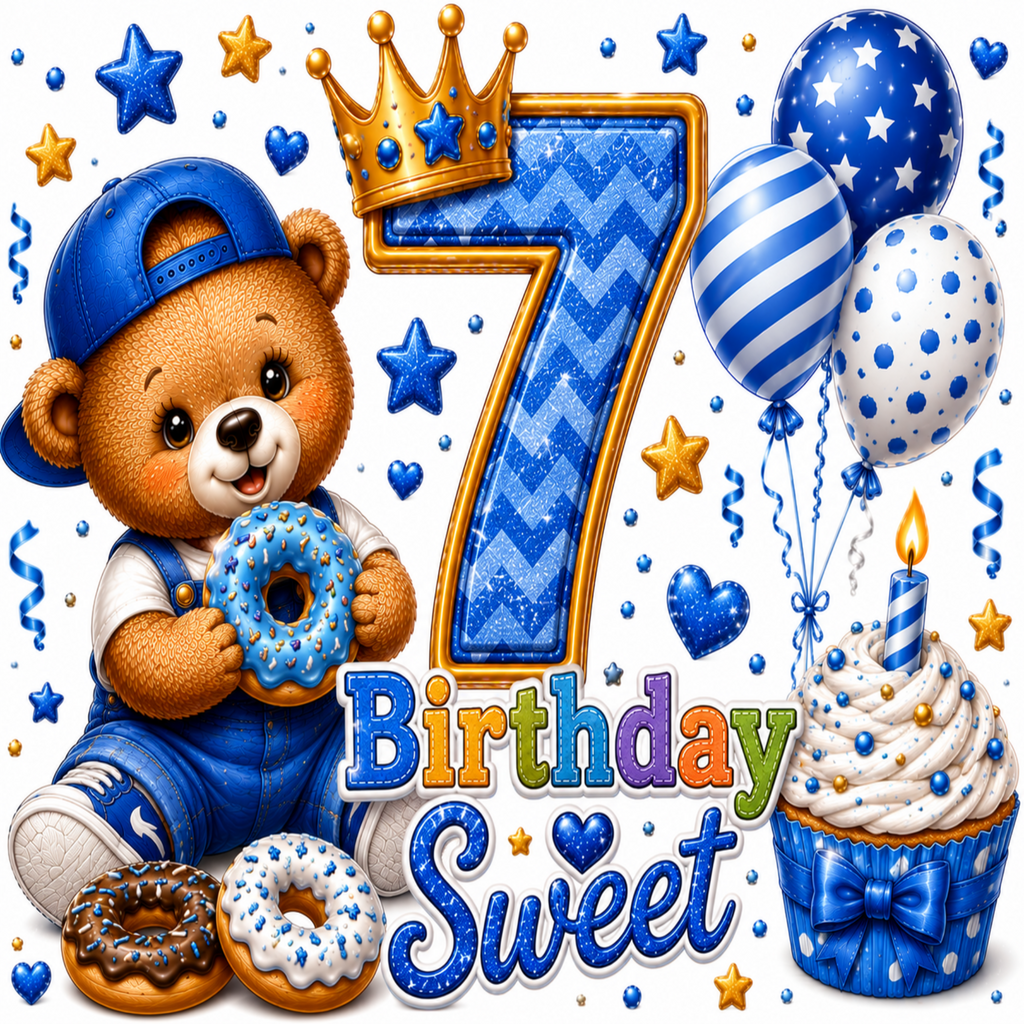 A colorful birthday graphic featuring a cartoon teddy bear in blue overalls and cap holding donuts, a large glittery blue number 7 with a gold crown, the words 'Birthday Sweet,' balloons, confetti, and a blue cupcake.
