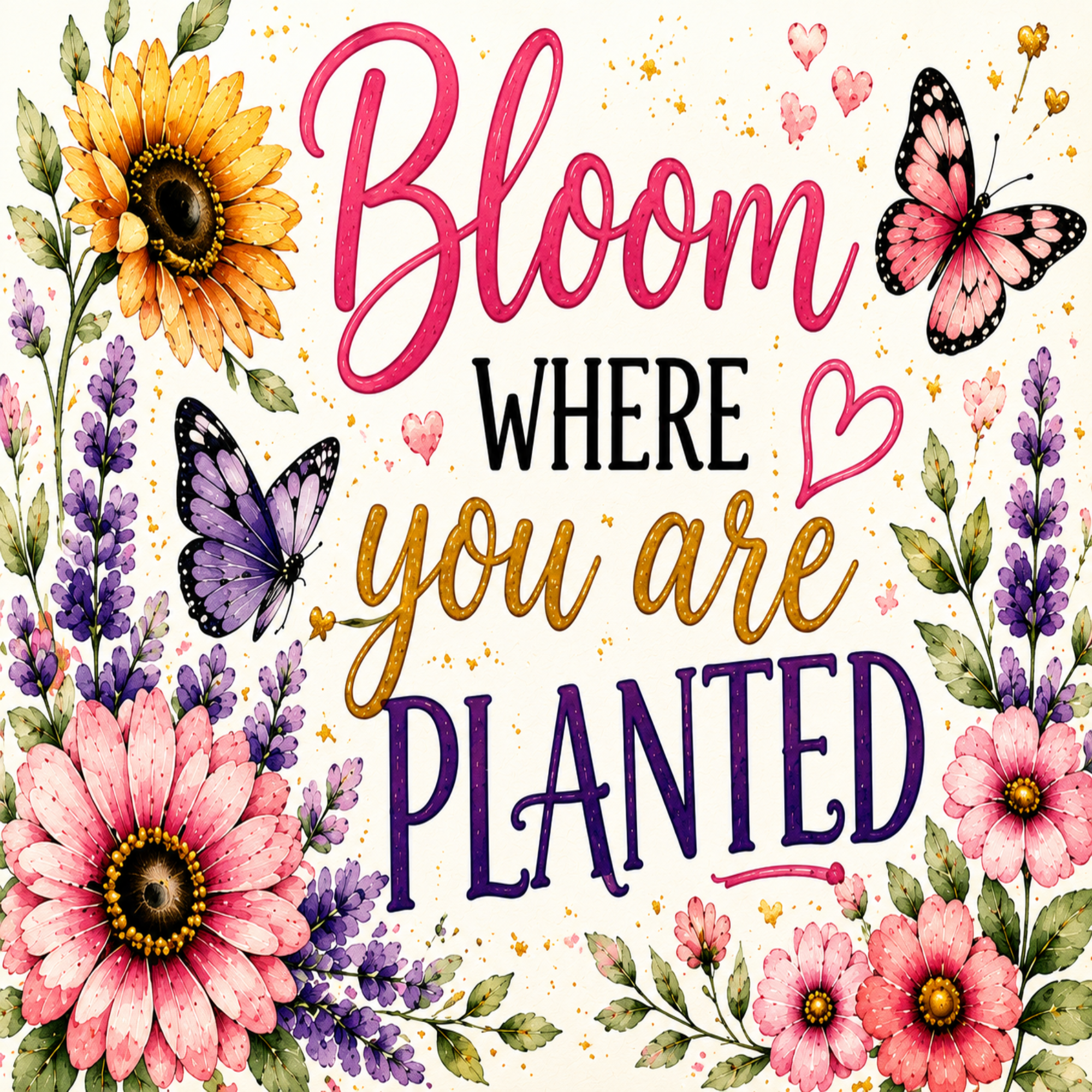 A decorative typographic artwork with the phrase “Bloom WHERE you are PLANTED” surrounded by watercolor-style flowers, butterflies, and small hearts on a light cream background.