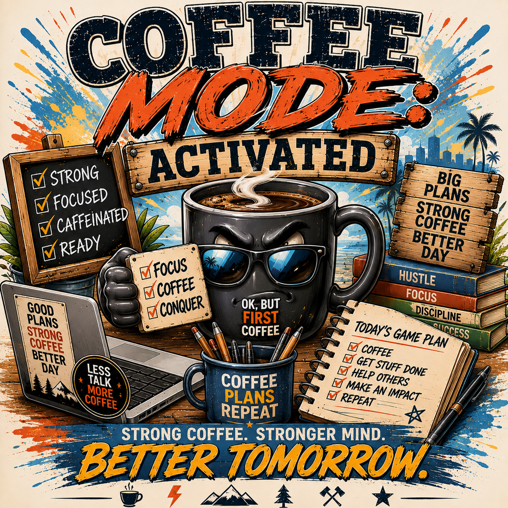 A stylized coffee-themed motivational poster with the text 'COFFEE MODE: ACTIVATED' and 'STRONG COFFEE. STRONGER MIND.