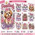 A 10-piece UV DTF sticker set featuring cute Shih Tzu dog graphics and various dog-themed quotes like 'Pawsitively Blessed' and 'Love Has Four Paws' in pink, purple, and brown tones with floral and paw print designs.