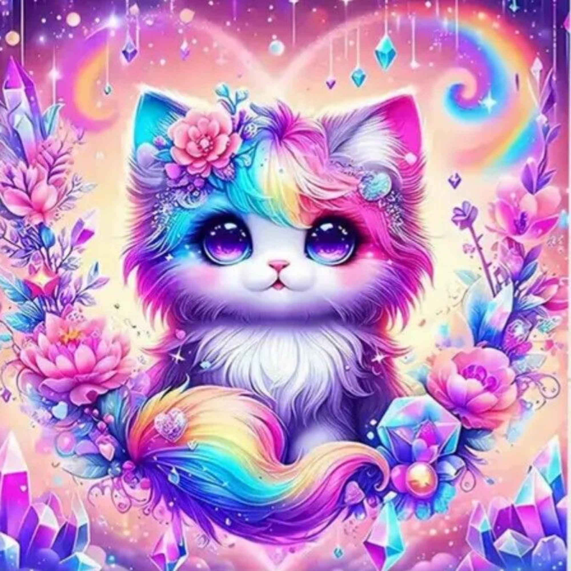 A colorful digital illustration of a fluffy cat with rainbow-colored fur, large sparkling eyes, a flower crown, and a swirling pastel background with crystals, flowers, and a rainbow.