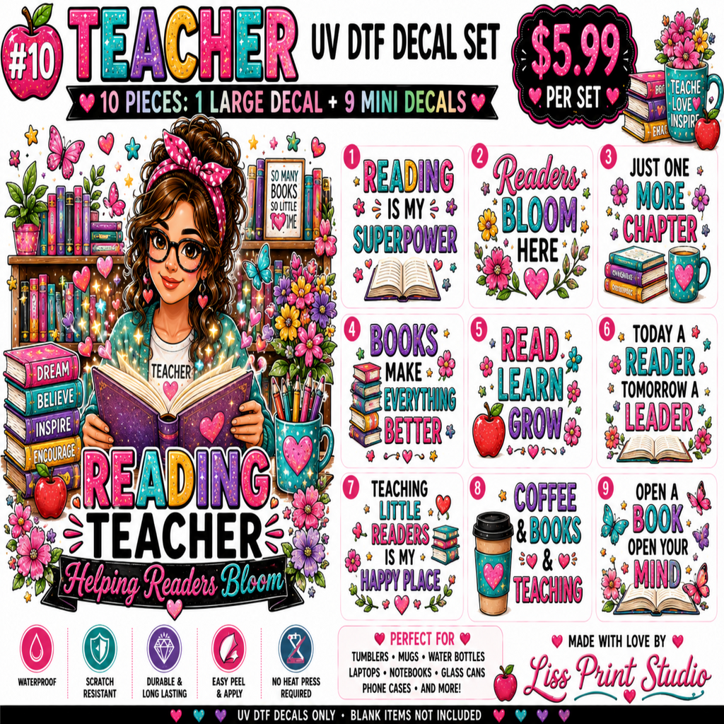 A colorful promotional graphic for a teacher-themed UV DTF decal set, showing an illustrated female teacher surrounded by books and flowers with multiple quote decals and product details. Text includes '#10 TEACHER UV DTF DECAL SET', '$5.