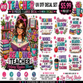 A colorful promotional graphic for a teacher-themed UV DTF decal set, showing an illustrated female teacher surrounded by books and flowers with multiple quote decals and product details. Text includes '#10 TEACHER UV DTF DECAL SET', '$5.