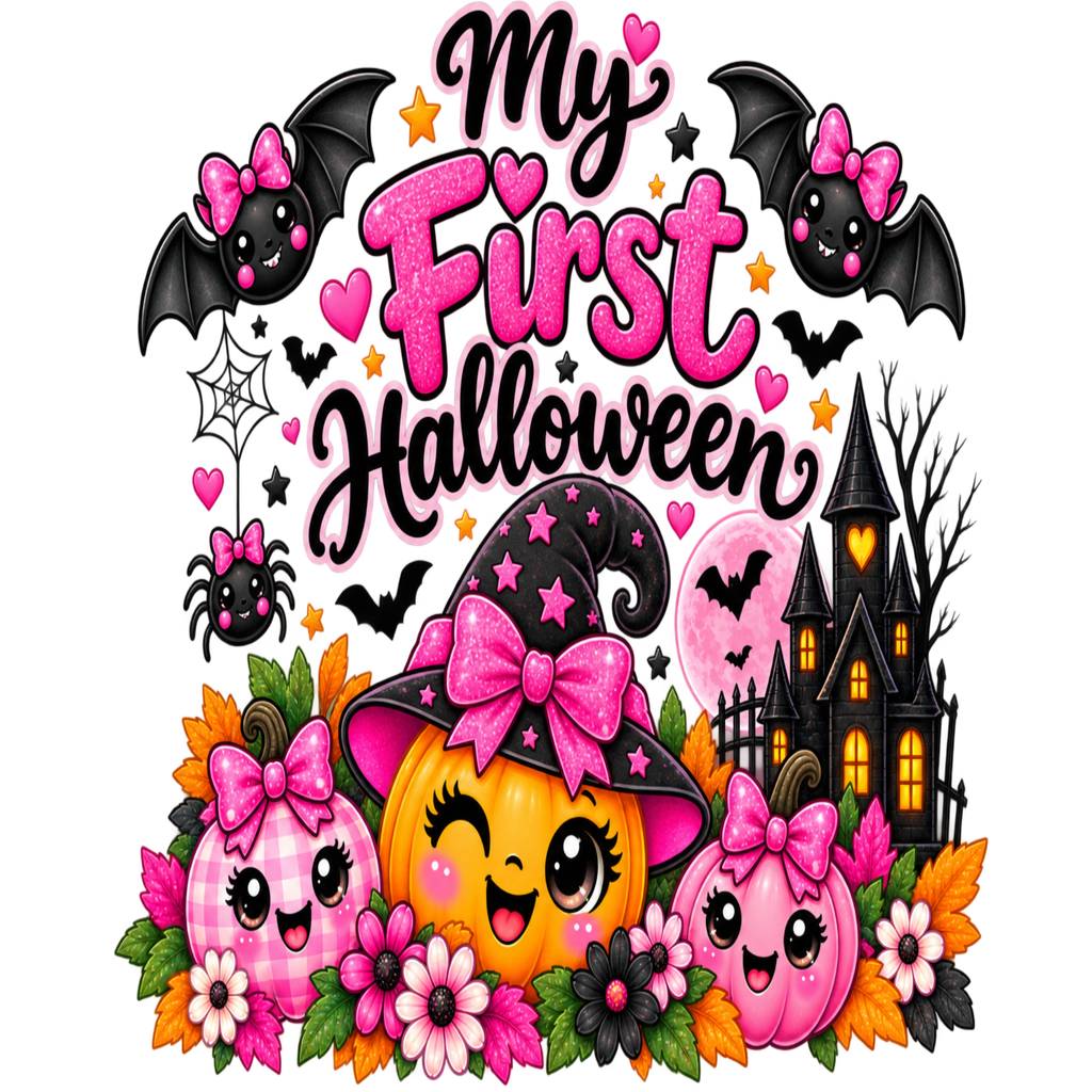 A colorful cartoon-style Halloween graphic reading “My First Halloween” with cute bats, a witch hat, pumpkins, flowers, a haunted house, and stars on a black background.