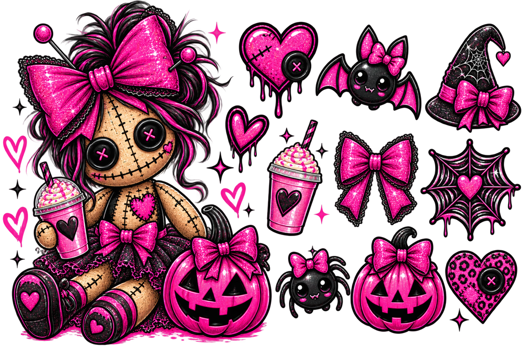 A Halloween-themed graphic design sheet featuring a stitched doll with a large pink bow, jack-o'-lanterns, bats, a witch hat, spiders, hearts, bows, and pink drinks on a black background.