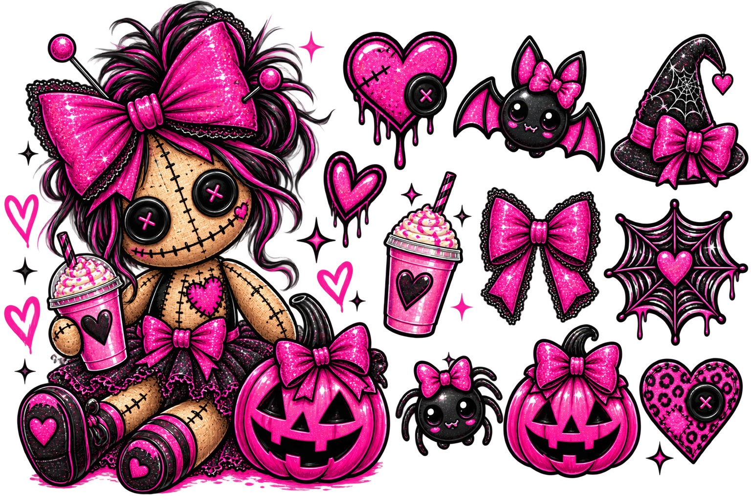 A Halloween-themed graphic design sheet featuring a stitched doll with a large pink bow, jack-o'-lanterns, bats, a witch hat, spiders, hearts, bows, and pink drinks on a black background.