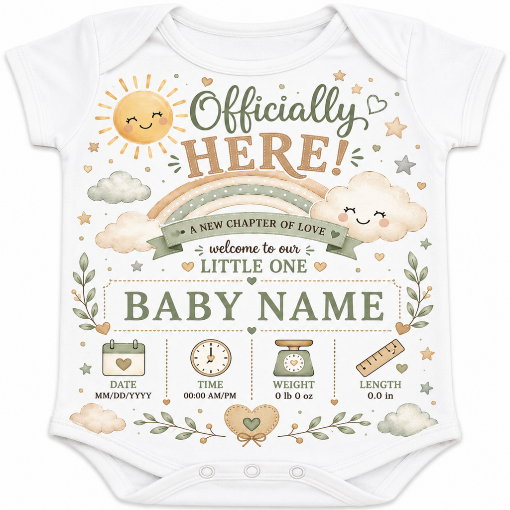 White baby bodysuit with a cute pastel baby shower graphic that reads 'Officially HERE! welcome to our LITTLE BABY NAME' with a sun, rainbow, clouds, stars, and baby milestone icons.