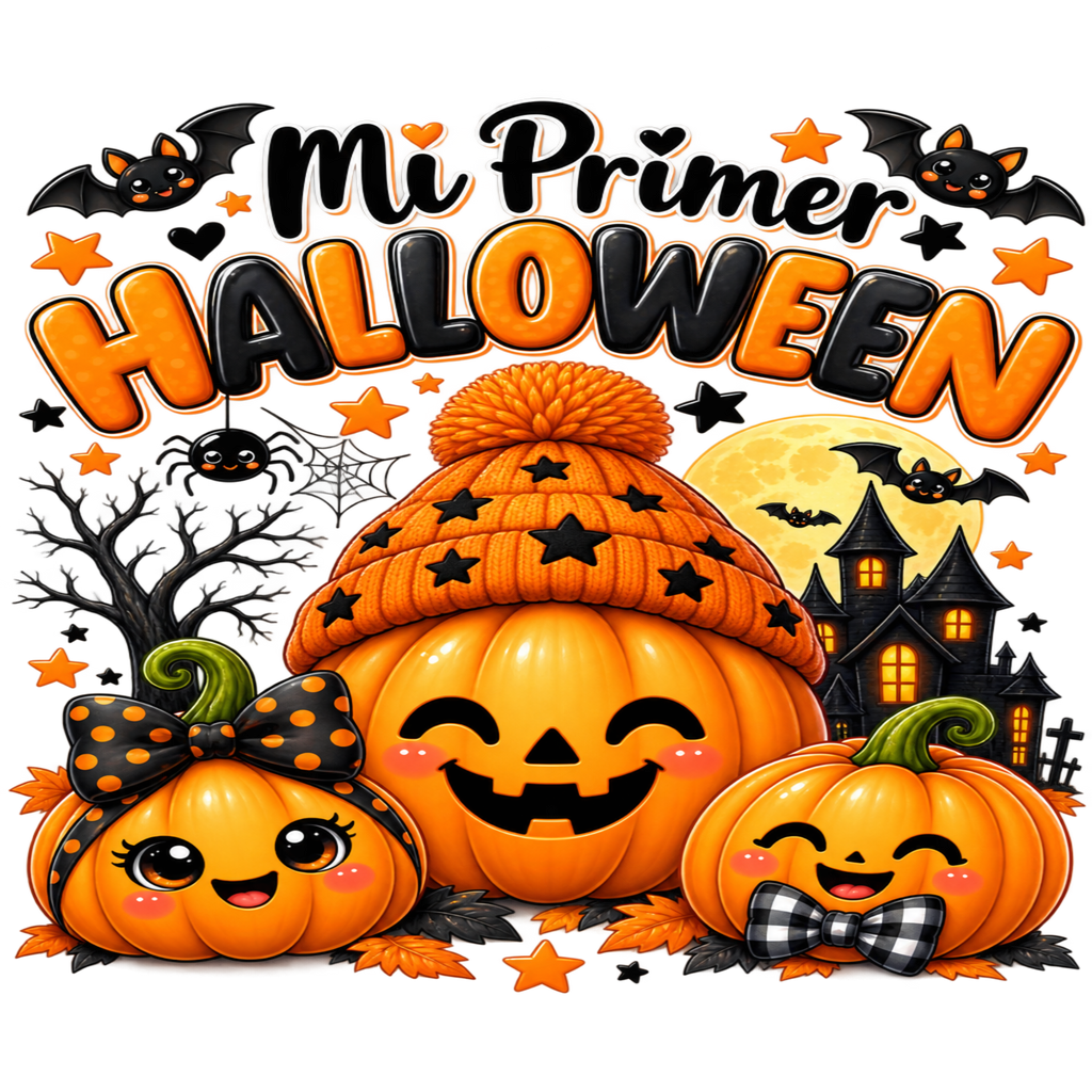 A festive Halloween graphic with the text 'Mi Primer HALLOWEEN' in orange and black lettering. The scene shows three smiling jack-o'-lantern pumpkins with cute faces and bows, a large pumpkin wearing a star-patterned knit hat, a haunted house, bats, a spider, and a full moon on a white background.