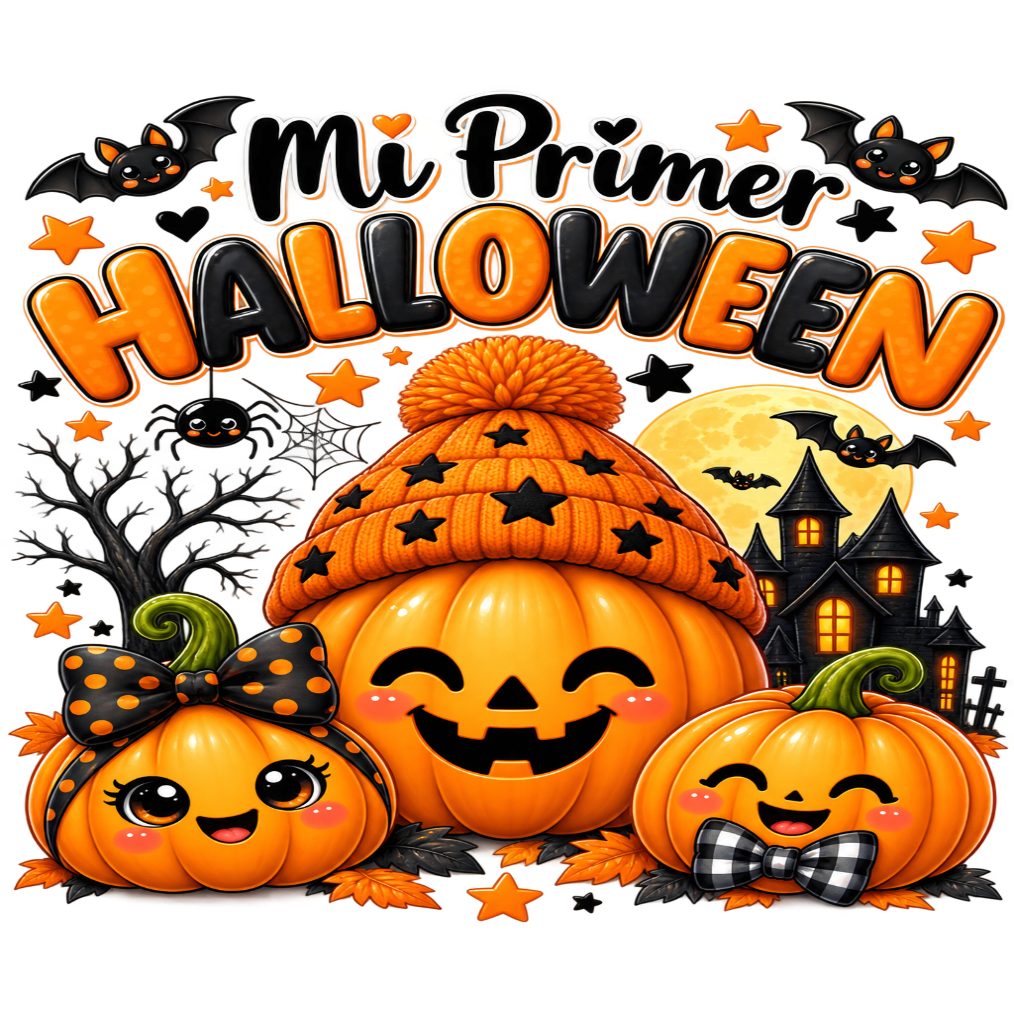 A festive Halloween graphic with the text 'Mi Primer HALLOWEEN' in orange and black lettering. The scene shows three smiling jack-o'-lantern pumpkins with cute faces and bows, a large pumpkin wearing a star-patterned knit hat, a haunted house, bats, a spider, and a full moon on a white background.