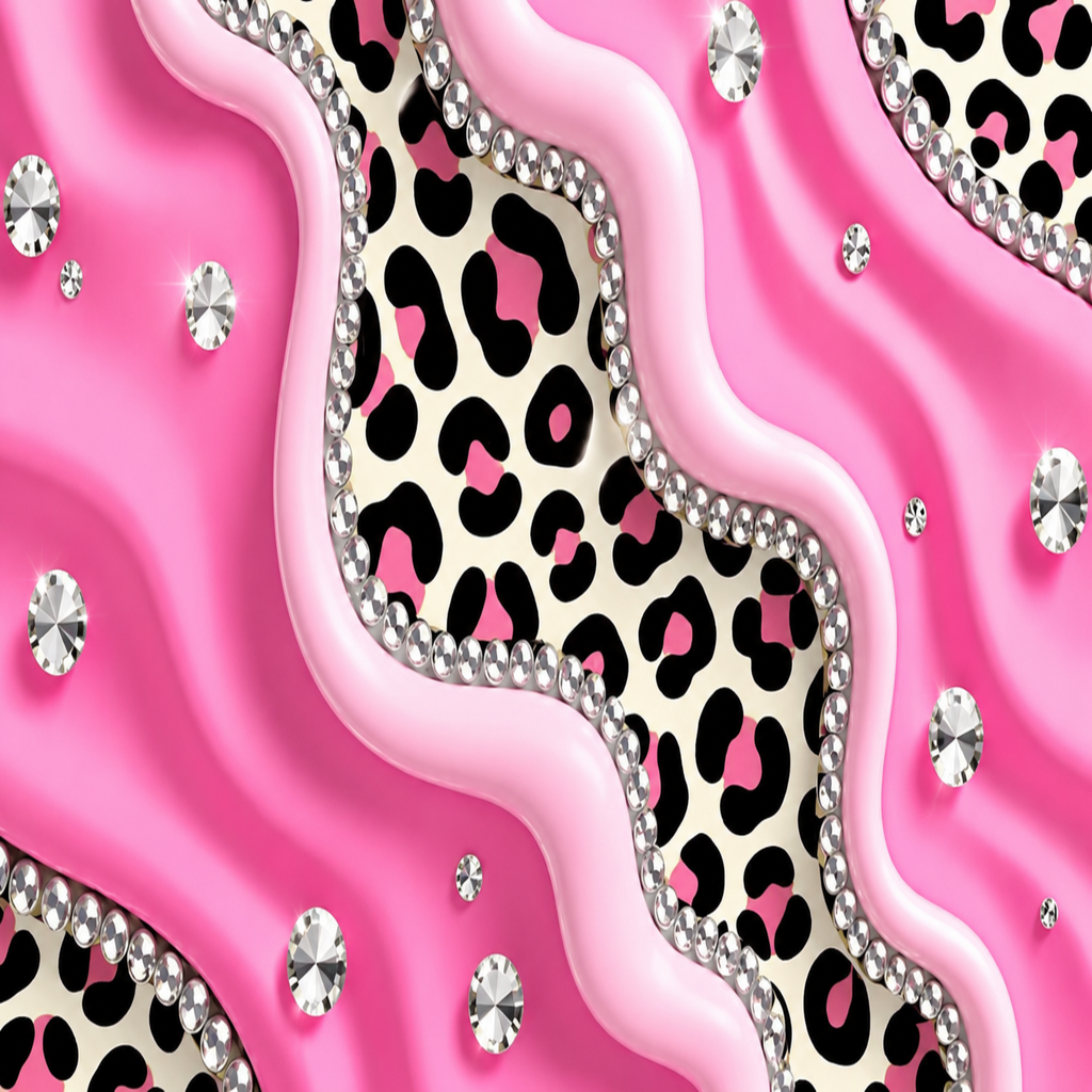 Pink leopard print fabric with wavy pink satin borders, silver rhinestone trim, and scattered clear rhinestones.