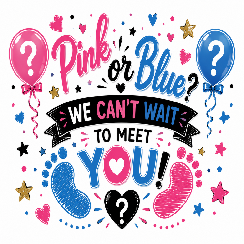 A colorful graphic design featuring the text 'Pink or Blue? WE CAN'T WAIT TO MEET YOU!' with pink and blue balloons, hearts, stars, baby footprints, and question marks on a white background.