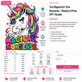 A promotional product page for a DTF (Direct to Film) transfer featuring a colorful rainbow unicorn illustration with the text 'Too Magical for Your Nonsense - Ready to Press DTF Transfer' and pricing/size information.