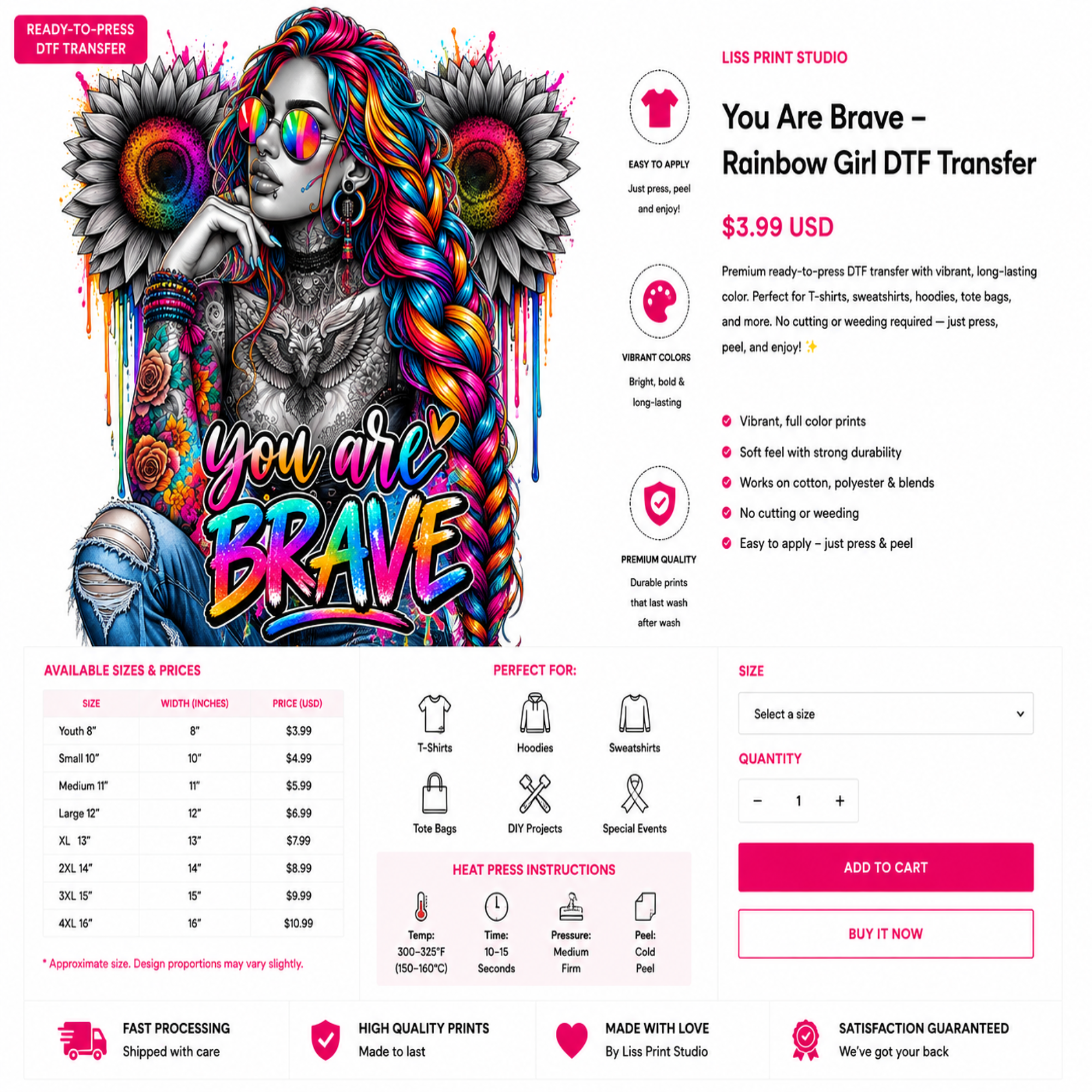 A promotional graphic for a DTF transfer design featuring a colorful graffiti-style rainbow girl illustration with the text 'You are BRAVE' and 'You are Brave - Rainbow Girl DTF Transfer' on a white webpage layout. The page includes pricing, available sizes, heat press instructions, and a 'Buy It Now' button from Liss Print Studio.