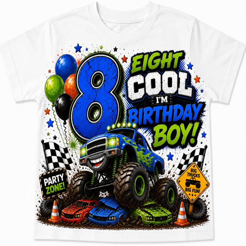 A white short-sleeve kids' t-shirt featuring a colorful graphic design for an 8th birthday. The design includes a blue monster truck, a large blue number 8, the text 'EIGHT COOL I'M BIRTHDAY BOY!' in green and blue, balloons, checkered flags, and traffic cones.