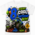 A white short-sleeve kids' t-shirt featuring a colorful graphic design for an 8th birthday. The design includes a blue monster truck, a large blue number 8, the text 'EIGHT COOL I'M BIRTHDAY BOY!' in green and blue, balloons, checkered flags, and traffic cones.