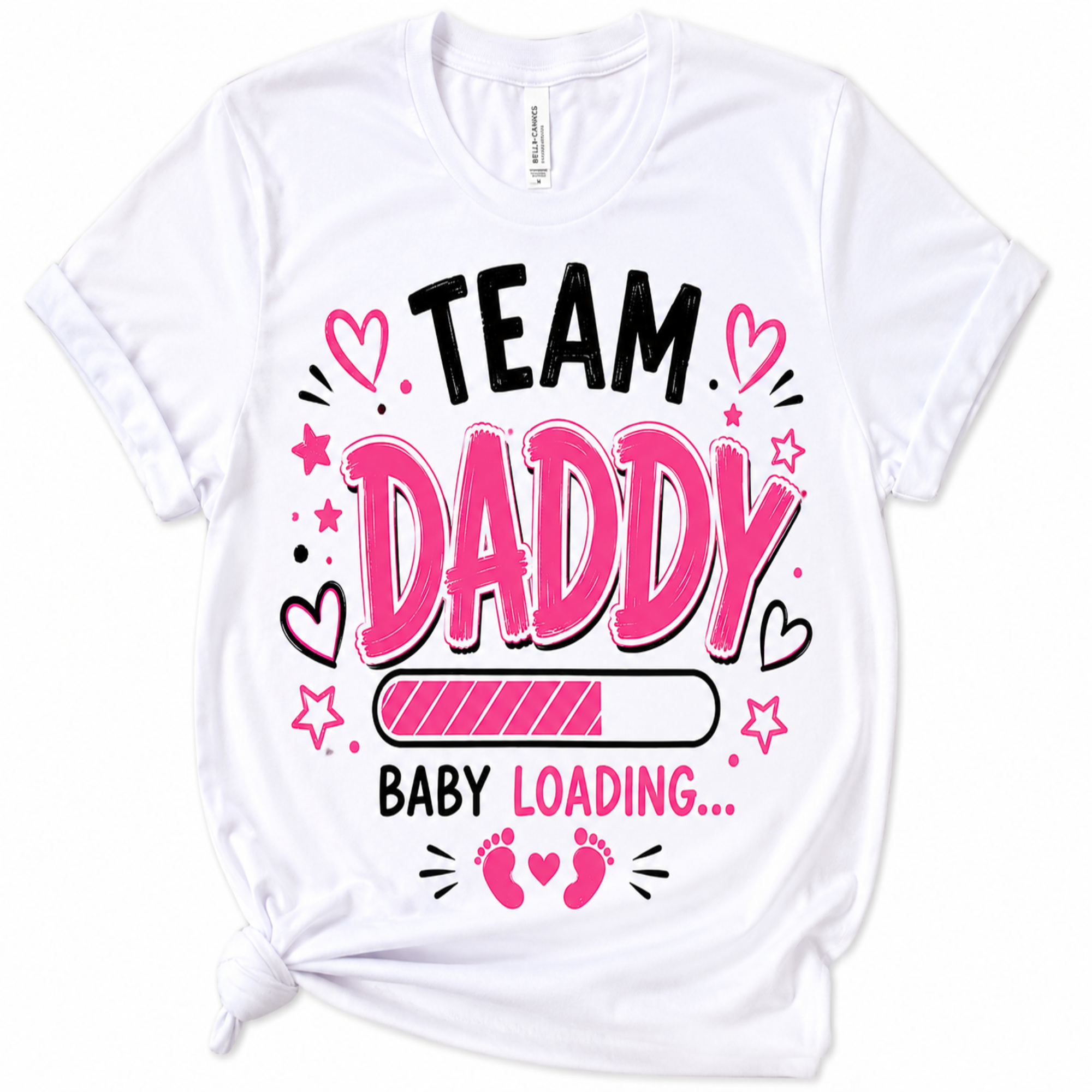 A white short-sleeve t-shirt with a graphic print that reads 'TEAM DADDY BABY LOADING.