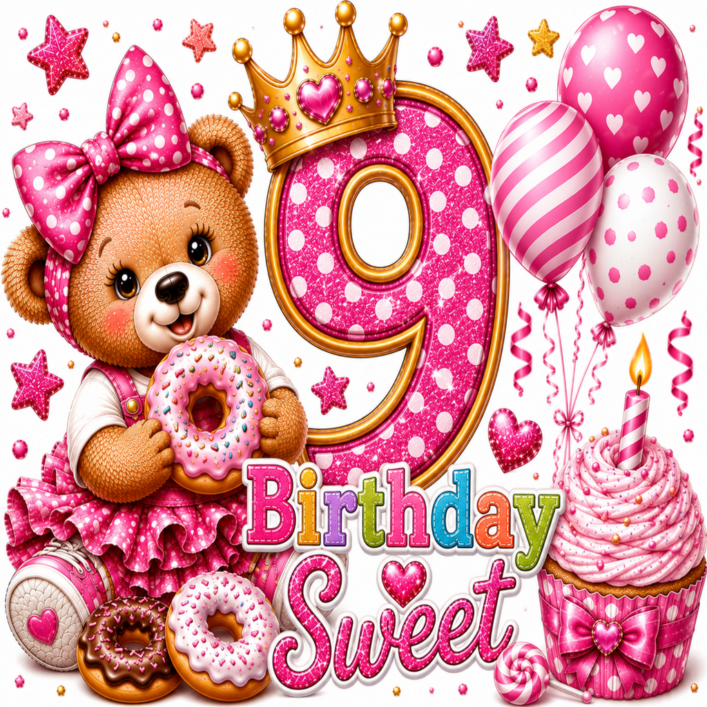 Pink 9th birthday illustration featuring a teddy bear holding a donut, a large glittery number 9 with a crown, balloons, a cupcake, and the words 'Birthday Sweet' on a white background.
