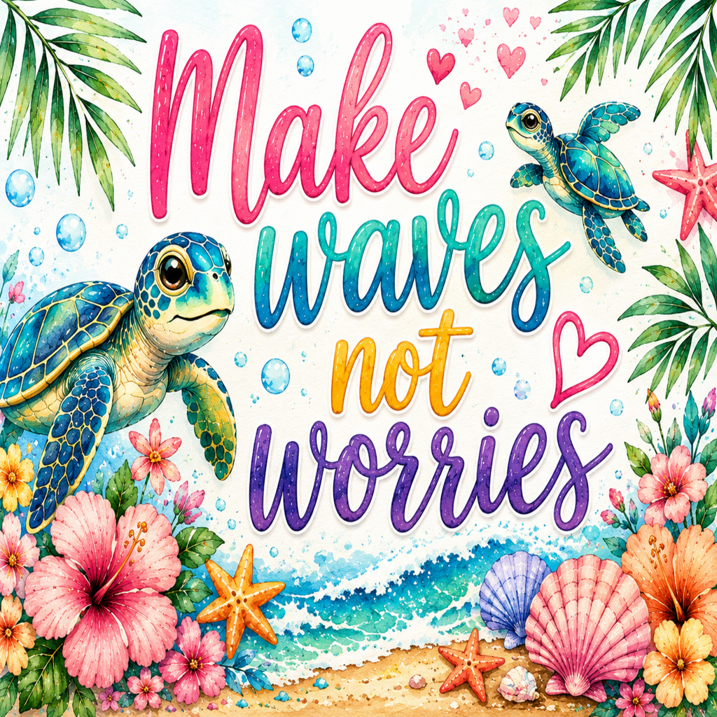 A colorful illustrated ocean-themed quote reading “Make waves not worries” with two sea turtles, palm leaves, flowers, starfish, shells, and waves on a white background.